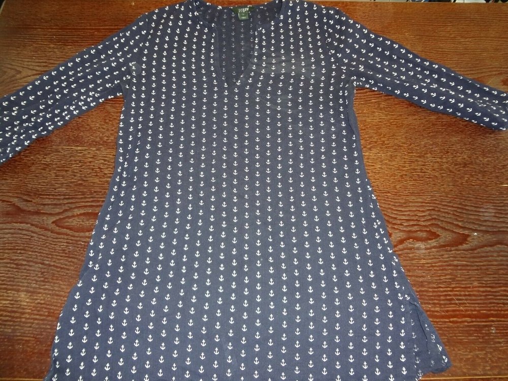J.Crew Women's Sz XS Tunic V Neck 3/4 Sleeve Anchor Beach Printed Navy Blue